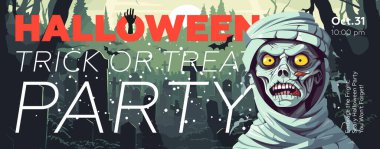 Cadılar Bayramı şaka mı şeker mi partisi yatay afişi. Mezar taşlarının üzerindeki zombi. Mezarlıktaki afiş kızgın mumya. Sanat ölü adamı gizler. Tatil akşamı tanıtım broşürü. Vektör eğilimli tipografi