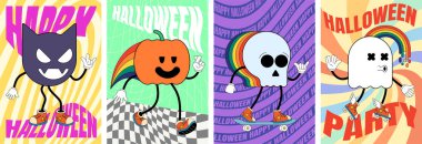 Retro fevkalade Cadılar Bayramı partisinin afiş seti. Çılgın balkabağı, kafatası, yarasa ve hayalet tatil karakterleri. Psikedelik hippi soyut baskısı. Moda y2k pop kültür tasarımı