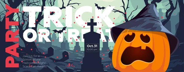 Šťastný Halloween Trik Nebo Léčit Party Banner Strašidelný Obličej Dýně — Stockový vektor