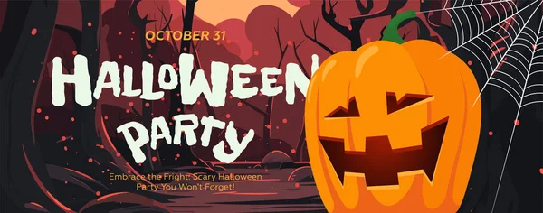 Happy Halloween Trick Treat Party Banner Spooky Face Pumpkin Moonlight — Stock Vector