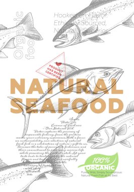 Doğal taze deniz ürünleri mağaza posteri. Reklam metniyle klasik eskiz balığı. Balık pazarının eski baskısı. Deniz ürünleri etiketi yaratıcı tipografi şablonu. Gravür çizim vektörü sanat eserleri oluşturur