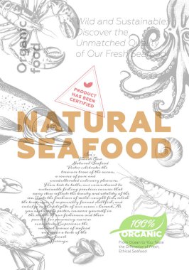 Doğal taze deniz ürünleri mağaza posteri. Reklam metniyle deniz yaşamı eskizi. Balık pazarı retro baskısı. Deniz ürünleri etiketi yaratıcı tipografi şablonu. Grafik çizimi tasarım gerektirir.
