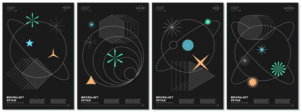 Abstrakcyjny Plakat Brutalizmu Geometrycznymi Liniowymi Planetami Kształtami Memfis Czarnym Tle — Wektor stockowy