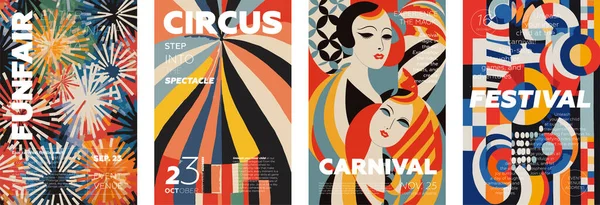 Karnaval Eğlence Fuarı Yaratıcı Retro Sanat Poster Seti Sirk Festival — Stok Vektör