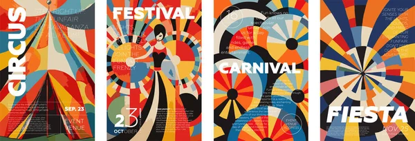 Zirkus Und Karneval Kreatives Retro Art Plakatset Festival Und Fiesta — Stockvektor