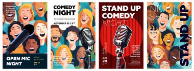Stand up comedy show poster set. Open mic night funny event flyer and print template collection. Vintage microphone with laughing people on promo placard. Typography banner design. Vector illustration clipart