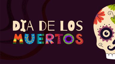 Dia de Los Muertos parti yatay posteri. Meksika Ölüler Günü Ulusal Meksika Festivali tebrik kartı. Latin Amerika bayram afişinde renkli harfler ve kafatası. Geleneksel karnaval broşürü