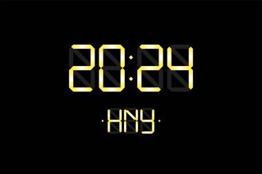 2024 numaralı dijital lcd elektronik ekran saati ve siyah arkaplanda HNY altın harfleriyle mutlu yıllar. Mutlu Noel kutlamaları. Takvim vektörü illüstrasyon sunuyor.