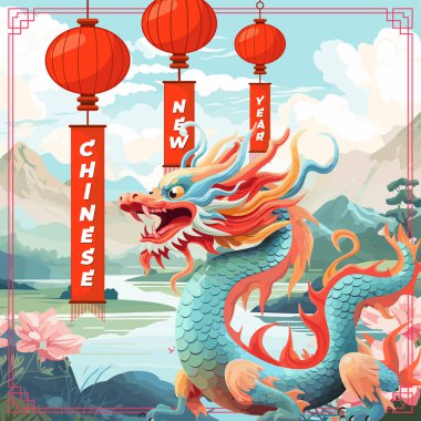 Mutlu Çin Yeni Yılı 2024 kare sanat kapağı. Çin ejderhası zodyak işareti. Fenerlerle birlikte doğa arka planında. Asyalı tebrik kartı. Geleneksel Doğu efsanesi yılanı. Yaratıcı tipografi pankartı