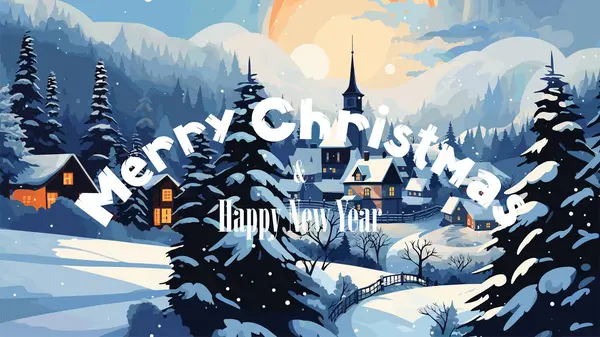 Поздравительная Открытка Рождеством Новым Годом Снежным Деревенским Пейзажем Рождественский Уютный Лицензионные Стоковые Векторы