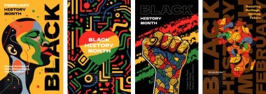 Siyah Tarih Ayı soyut grafik poster seti. Afro-Amerikan hakları ve özgürlük Şubat ayında kutlanıyor. Yumruklu yaratıcı pankart. Sanat tasarımı Afrika ve renkli baskılı insan. Sancaklar vektör alır