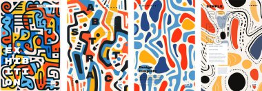 Soyut basit grafik karalama poster seti. Minimalist geometrik şekiller arka plan. Modern ilkel stil minimal tasarım elementleri baskısı. Moda hippi sergi pankartı. Tipografi sanatı kapak yapıyor