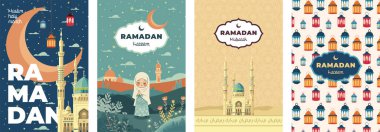 İslam kutsal ayı Ramazan Kareem posteri. Hilal aylı cami. Müslüman kız duası. Müslüman şenlik feneri süsü. İslam bayramı modern sanat baskı seti. Arapça metin çevirisi Ramazan Mübarek
