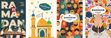 İslam kutsal ayı Ramazan Kareem posteri. Camide hilal var. Müslüman dua elleri çiçek deseninde. Müslüman şenlik ailesi. İslam bayramı modern sanat baskısı. Arapça metin çevirisi Ramazan Mübarek