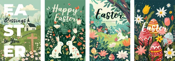 Happy Easter Day Vakantie Creatieve Poster Set Kleurrijke Eieren Jagen Rechtenvrije Stockvectors