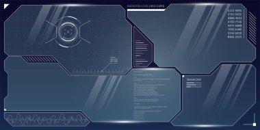 VR HUD fütüristik kontrol paneli kuruldu. Teknoloji ekran hedefi ve UI ekranının başında. GUI dijital sanal gerçeklik arayüzü siberpunk hi tech vizör tasarımı. FUI Sci Fi uzay gemisi kokpit kontrol paneli. Eps