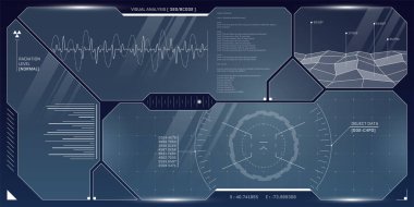 VR HUD gelecekteki kontrol paneli. Teknoloji ekran hedefi ve UI ekranının başında. GUI Dijital sanal gerçeklik arayüzü siber uzay hi teknoloji vizör tasarımı. FUI Sci Fi uzay gemisi kokpit kontrol paneli. Vektör