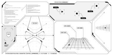 VR HUD gelecekteki kontrol paneli. Teknoloji ekran hedefi ve UI komuta merkezi ekranının başında. GUI dijital sanal gerçeklik arayüzü yüksek teknoloji vizör şablonu. FUI Sci Fi uzay gemisi kokpit gösterge paneli