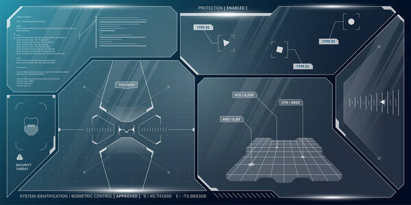 VR HUD futuristic control panel. Technology head up display target and command center UI screen. GUI digital virtual interface cyberspace hi tech visor template. FUI Sci Fi spaceship cockpit dashboard
