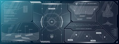 VR HUD gelecekteki kontrol paneli. Teknoloji, görüntü hedefi ve komuta merkezi UI ekranının başında. GUI dijital sanal arayüz siber uzay hi teknoloji vizör şablonu. FUI Bilim Kurgu Yıldız Gemisi kokpit gösterge paneli