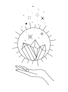 Yaz gündönümünde ruhani bir kristal kadın elinin üzerinde uçuyor. Mistik ekinoks bayram doğrusal sembolü. Esrarengiz dövme ya da logo taslağı. Boho stili yaz vektör logosu