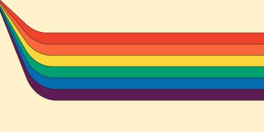 Retro gökkuşağı renkli çizgili yatay yol pankartı. Geometrik hippi gökkuşağı perspektif akış izi. Klasik hippi soyut spektral yanardöner çizgiler. Moda minimalist y2k renkli pop sanat çizgileri