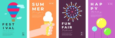 Lunapark şenliği en az moda poster seti. Sıcak hava balonu ve havai fişekler basıldı. Panayır panayırında dondurma. Minimalist yaratıcı tasarım afişi. Eğlence festivali, basit modern ep pankartı.
