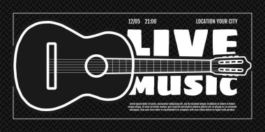 Müzik festivali yatay afiş sergiliyor. Davetiye tasarım şablonu. Siyah arka planda akustik klasik gitar. Canlı halk müziği parti posteri. Country festivali olay baskısı. Eps