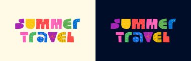 Yaz seyahati soyut dekoratif yazıt konsepti. Modern renkli grafik şekiller seyahat olayları harfleri. Yaz gezisi parti sezonu modası yaratıcı logo. Turistik parlak rozet. Eps