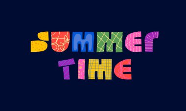 Yaz zamanı soyut yaratıcı dekoratif yazıtlar konsepti. Renkli çocuklar saf geometrik eğriler harfleri şekillendirir. Yaz mevsimi temalı modern moda vektörü. Sanatsal logo