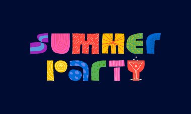Yaz partisi soyut yaratıcı dekoratif yazıtlar konsepti. Renkli çocuklar. İlkel geometrik şekiller. Kutlama için harfler. Modern moda yaz mevsimi teması yaratıcı logolar