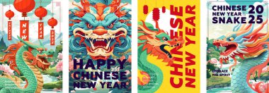 Yılan 'ın Çin Yeni Yılı posteri. Asya kültürü 2025 şenlik plaket tasarımı. Çin bayramı renkli mitolojik yılan ve ejderha işareti doğa zemininde. Geleneksel Doğu tatil baskısı