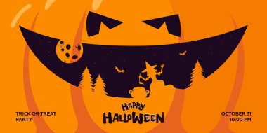 Mutlu Cadılar Bayramı partileri yatay afişleri. Büyücülük konseptiyle balkabağı suratlı Jack O 'Lantern. Cadı ormanda iksir üretir ve büyüler. Geleneksel 31 Ekim Azizler Gecesi Tatil İzinleri