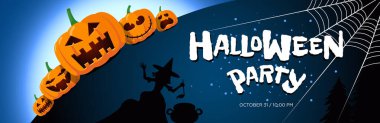 Mutlu Cadılar Bayramı balkabakları ay ışığı altında. Gece ormanı arka planında cadı olan Jack O Lantern partisi ve yazıt yatay afiş tasarım şablonu. Hile ya da ikram olayı ürkütücü bir yazdırma