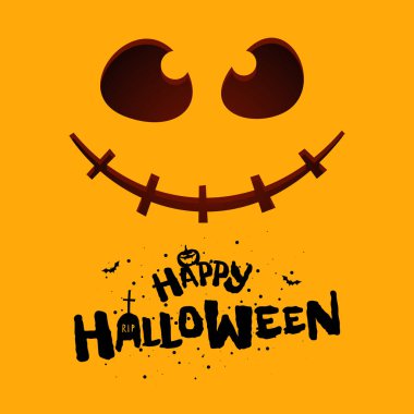 Mutlu Cadılar Bayramı partisi kare pankart tasarım şablonu. Jack O Lantern balkabağı turuncu arka planda korkunç bir gülümseme ve yarasayla kutlama logosu çizdi. Sonbahar tatilinde şaka mı şeker mi kartı.