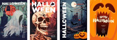 Mutlu Cadılar Bayramı partisi posterleri. Mezarlık tabelasına hayalet ve ölü adam çizmek. Eski malikane ve balkabağı feneri Jack baskısı. Korku Gecesi Sanat Kapağı. 31 Ekim Trick or Treat bayram sanat eseri tipografisi