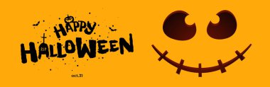 Mutlu Cadılar Bayramı partisi yatay afiş tasarımı. Fener Jack balkabağı turuncu arka plana korkunç bir gülücük kazıdı ve mezar taşıyla el yazısı çizildi. Şaka mı şeker mi 31 Ekim tatili. Eps