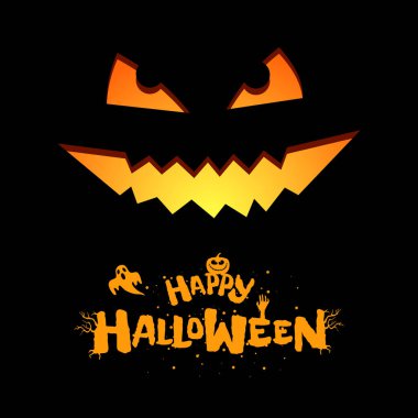 Happy Halloween party square banner design. Jack O Lantern carved scary spooky smiling face pumpkin on black background and creative inscription. Trick or Treat October 31 holiday eps greeting card clipart