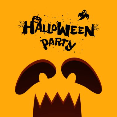 Cadılar Bayramı parti pankartı kutlu olsun. Fener Jack balkabağı turuncu arka plana ürkütücü bir yüz oymuş ve hayaletle kutlama logosu yapmış. Geleneksel şaka ya da ikram 31 Ekim sonbahar tatili baskısı