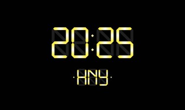 2024 numaralı dijital lcd elektronik ekran saati ve siyah arkaplanda HNY altın harfleriyle mutlu yıllar. Mutlu Noel kutlamaları. Takvim vektörü kavramı.