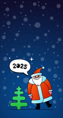 Şirin çizgi film komik kawaii Noel Baba karakteri ve Noel ağacı. Mutlu yıllar 2025 arifesi kutlama baskısı. Karlı kış gecesi bayram tebrik kartı. Şenlikli dikey sosyal ağ bayrağı kaldırdı