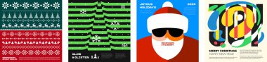 Mutlu Noeller ve mutlu yıllar, soyut kare afişler. Kış festivali grafik dekorasyon tebrik kartı. Çirkin süveter deseni ve Noel Baba 'nın moda baskısı. Modern köknar ağacı y2k sanat kapağı