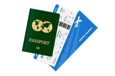Havayolu bileti olan uluslararası pasaport. Kimlik belgesi ve uçuş kartı. Uçak yolculuğu havayolları şirketi kimlik belgesi. Turizm gezisi konsepti. Eps izole