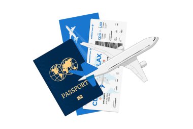 Havayolu mavi bileti olan uluslararası pasaportun üzerinde uçan yolcu uçağı. Kimlik belgesi ve uçuş kartı. Vatandaşlık kimliği ile hava yolculuğu rezervasyon tabelası