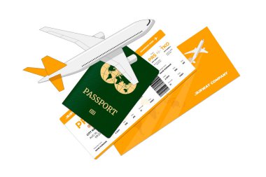 Havayolu sarı bileti olan uluslararası pasaportun üzerinde uçan yolcu uçağı. Kimlik belgesi ve uçuş kartı. Vatandaşlık kimliği ile hava yolculuğu rezervasyon tabelası