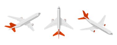Yolcu uçağı ayarlandı. Uçan uçak koleksiyonu. Uçak manzaralı, kalkış ve iniş manzaralı. Ayrı grafikler hava taşımacılığını azaltıyor
