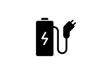 Bağlantı kablosu ve siyah ikonlu şarj edilebilir batarya. Yükleyici şarj dolgu sembolü. Elektrik teçhizatı elektrik bankası elektrik faturası. Logotype dizayn ögesi