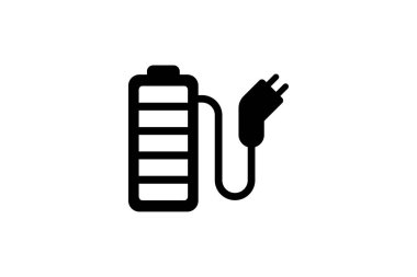 Kablo ve elektrik yükleme ikonu ile şarj edilebilir batarya. Akümülatör şarj tapası siyah sembolü. Elektrik teçhizatı elektrik bankası elektrik faturası. Tam şarjlı elektro element. Eps logotype