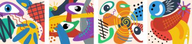 Abstract surreal biomorphic naive graphic shapes collage square banner set. Modern trendy biomorphic whimsical free curves forms crazy doodle card. Decorative y2k artistic print. Psychedelic artwork clipart