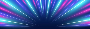 Motion luminous linear trails horizontal banner. High speed neon glowing rays. Abstract cosmic warp long time exposure motion blur dynamic effect. Perspective view fast zoom light flash stripes. Eps clipart